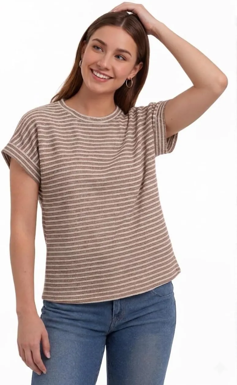 Waffle Knit Crew Neck Tee — Coffee-white — view 2
