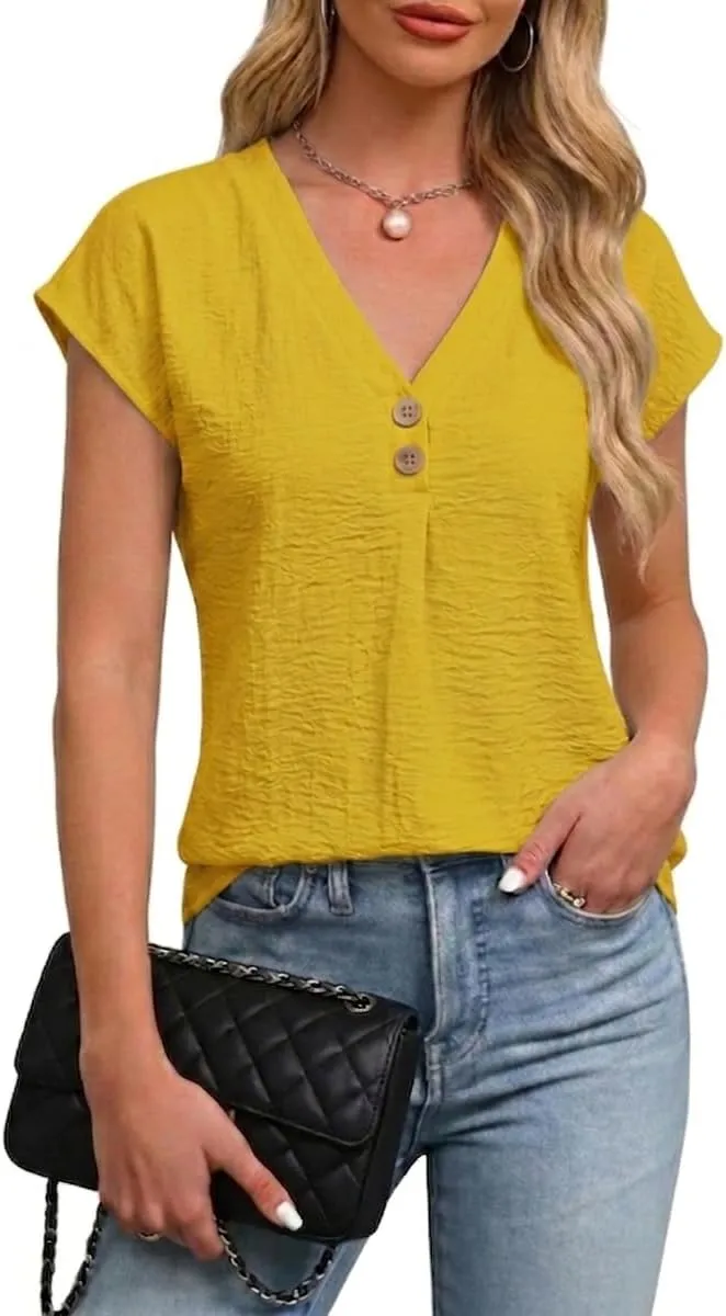 V-Neck Cap Sleeve Blouse — Yellow