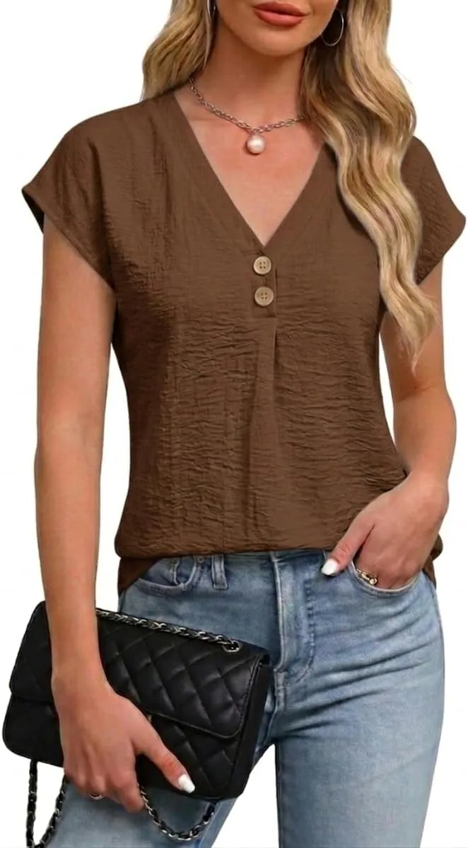 V-Neck Cap Sleeve Blouse — Brown
