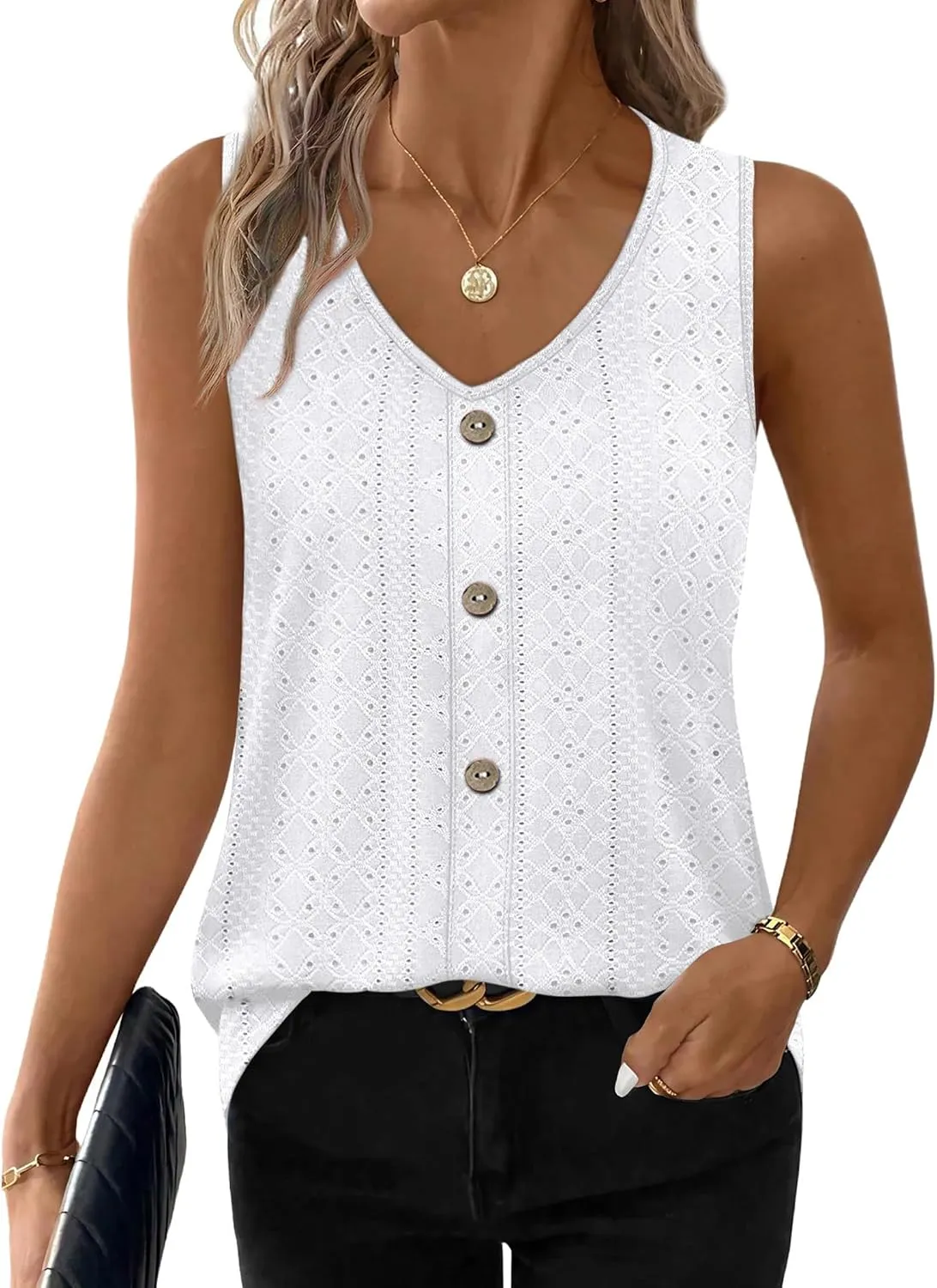 Eyelet V-Neck Tank Top — White — view 2