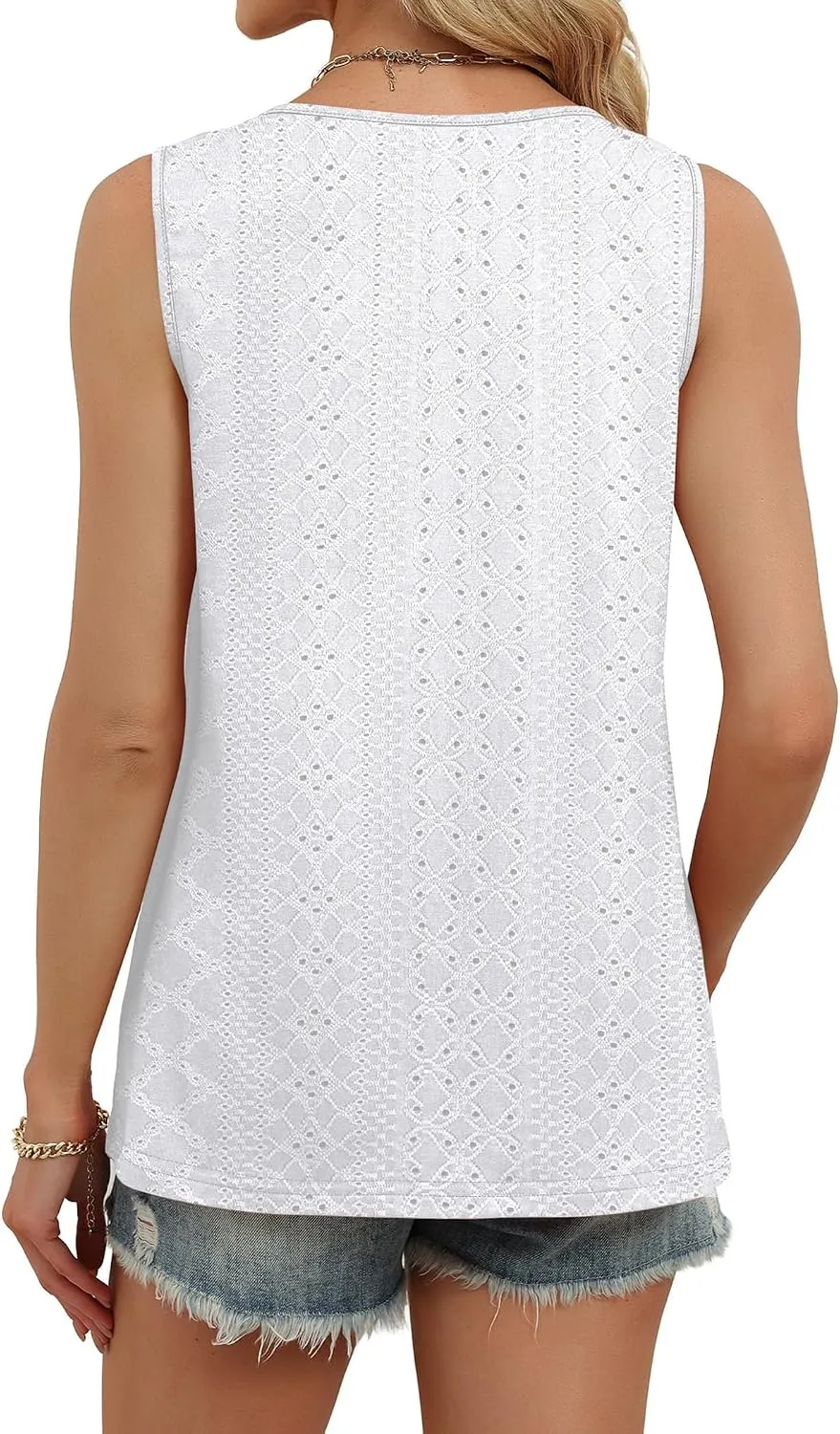 Eyelet V-Neck Tank Top — White — view 4