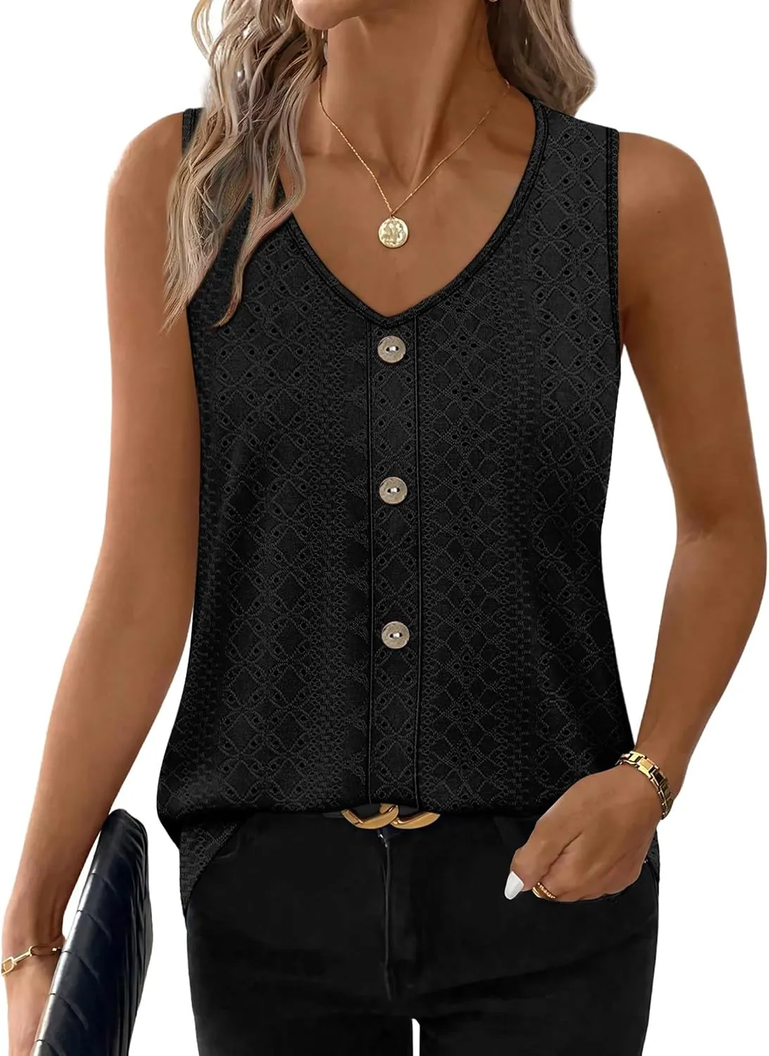 Eyelet V-Neck Tank Top — Black — view 2