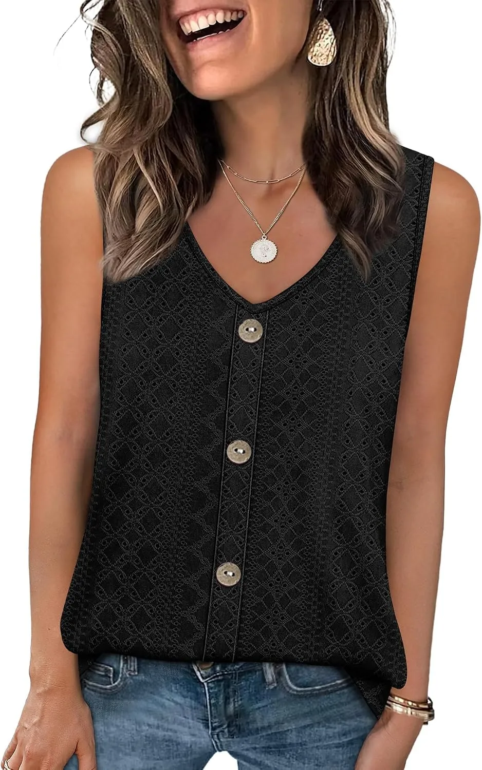 Eyelet V-Neck Tank Top — Black — view 3