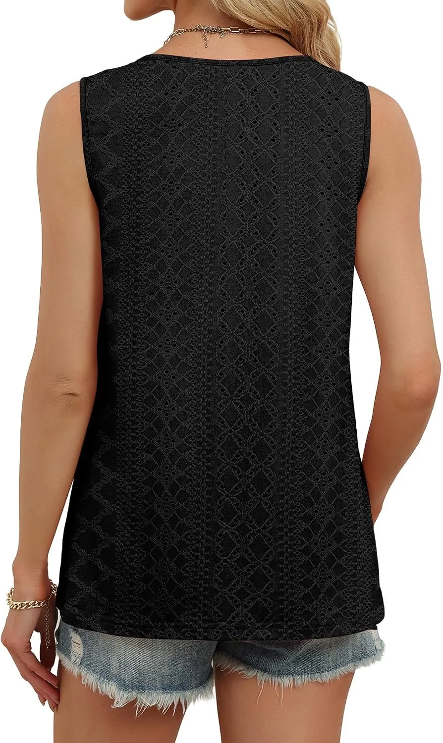 Eyelet V-Neck Tank Top — Black — view 4