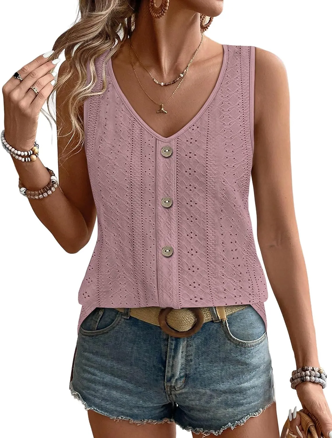 Eyelet V-Neck Tank Top — Dark Pink