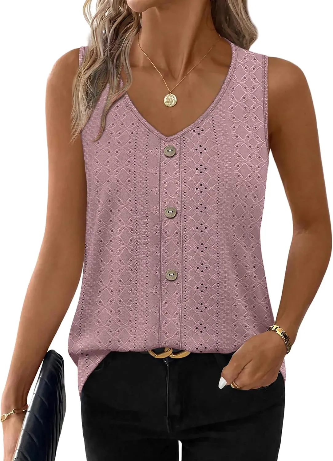 Eyelet V-Neck Tank Top — Dark Pink — view 2
