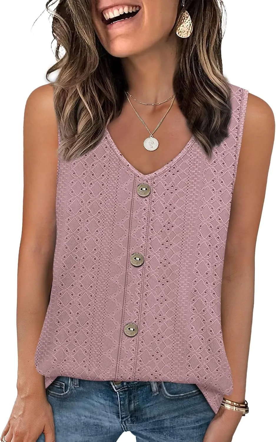 Eyelet V-Neck Tank Top — Dark Pink — view 3