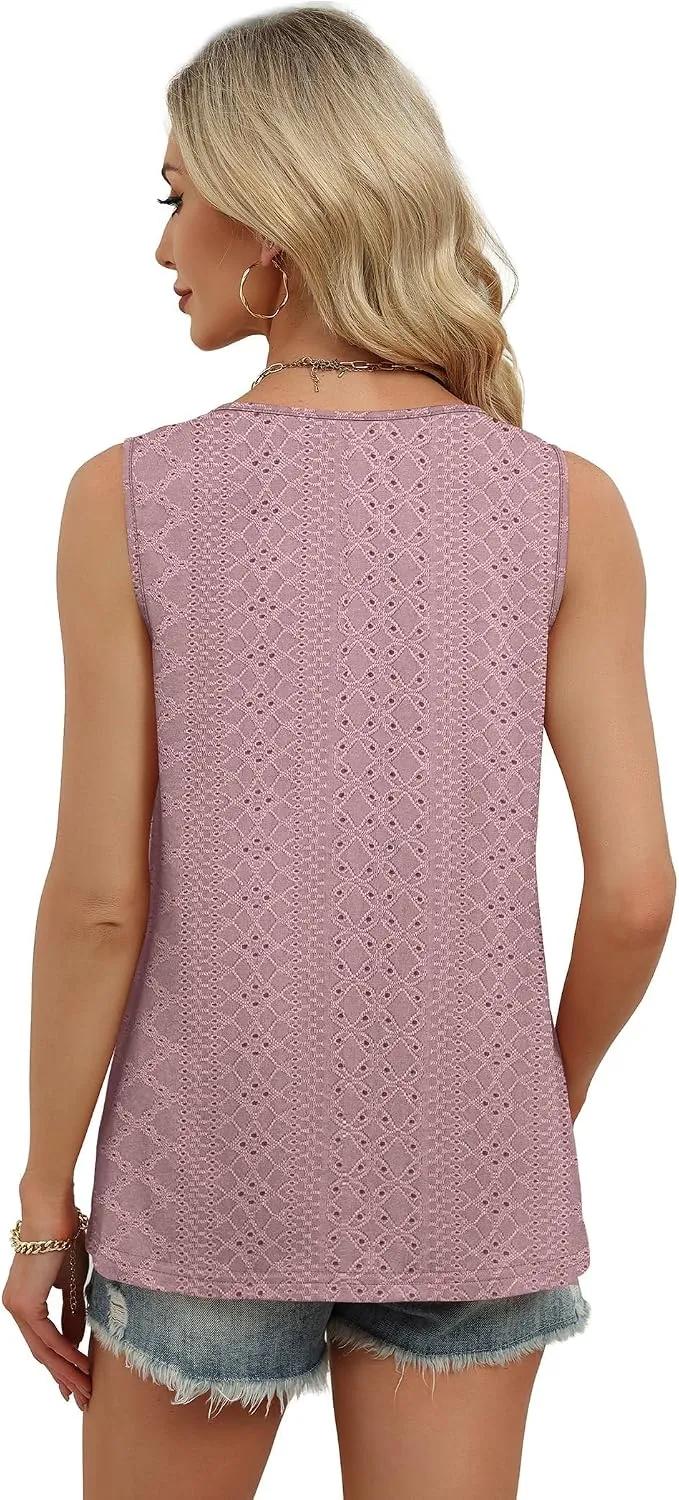 Eyelet V-Neck Tank Top — Dark Pink — view 4