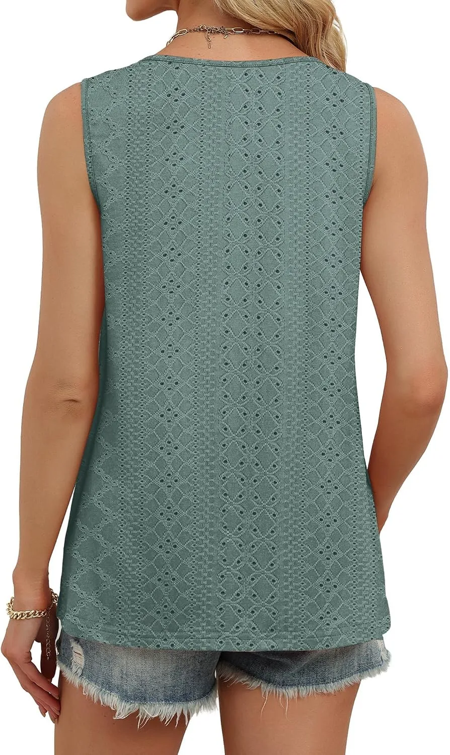Eyelet V-Neck Tank Top — Sage Green — view 4